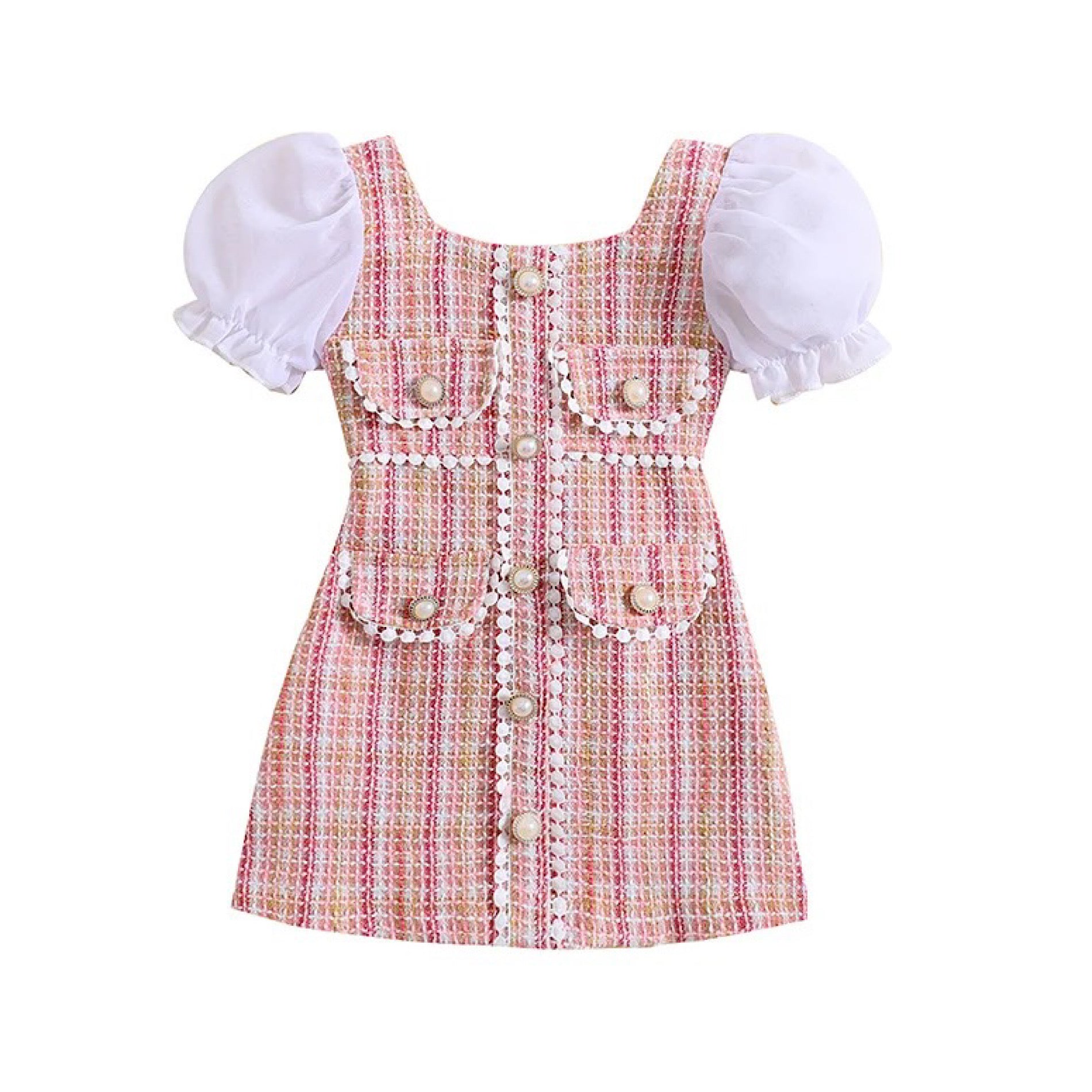 Toddler Girls Pink Plaid Dress Puff Sleeve Pearl Trimmed Spring Dress, Main Image