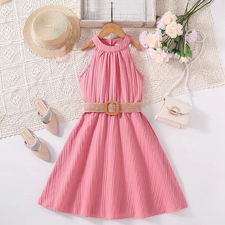 Girls Elegant Pink Chiffon Dress Spring Summer Solid Color Halter Neck, Front