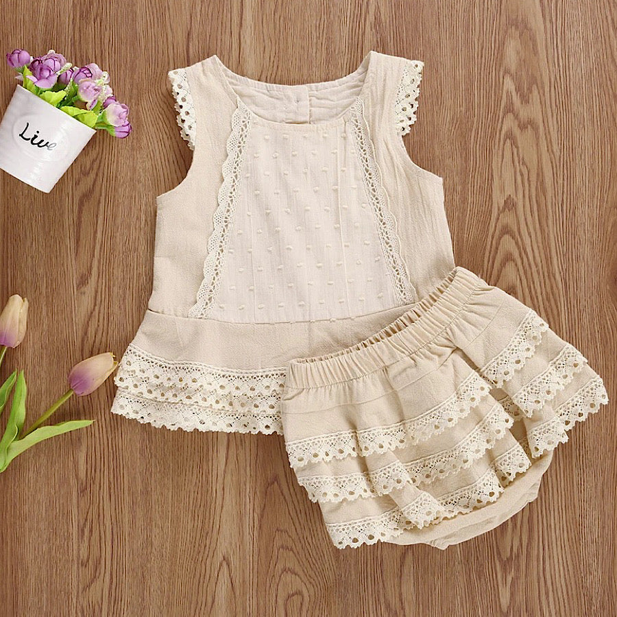 Baby Toddler Girl Sleeveless Lace Solid Beige Top Shorts 2PC Outfit, Color