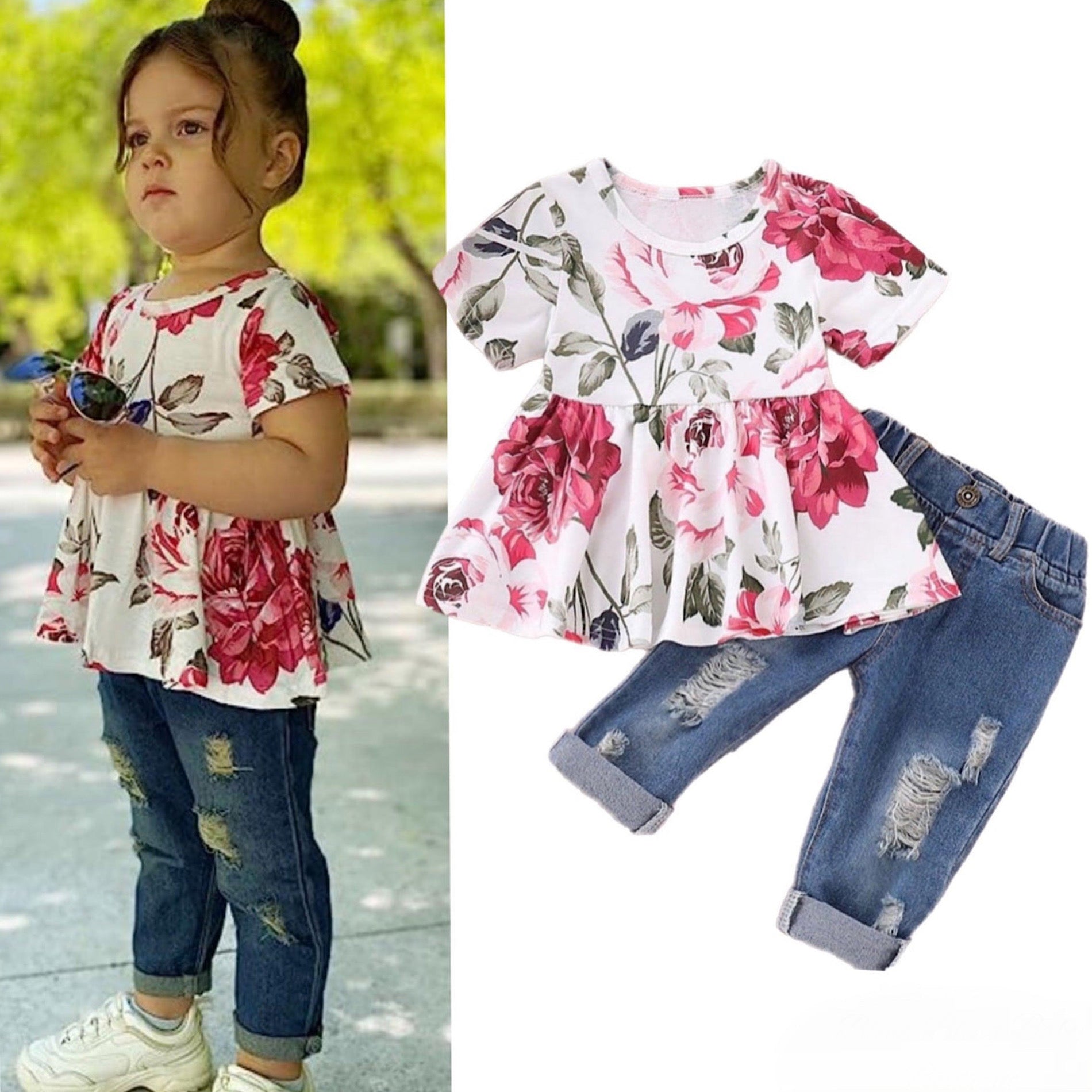 Toddler Girls Baby Clothing Set Casual Floral Top Distressed Jeans, Main Image
