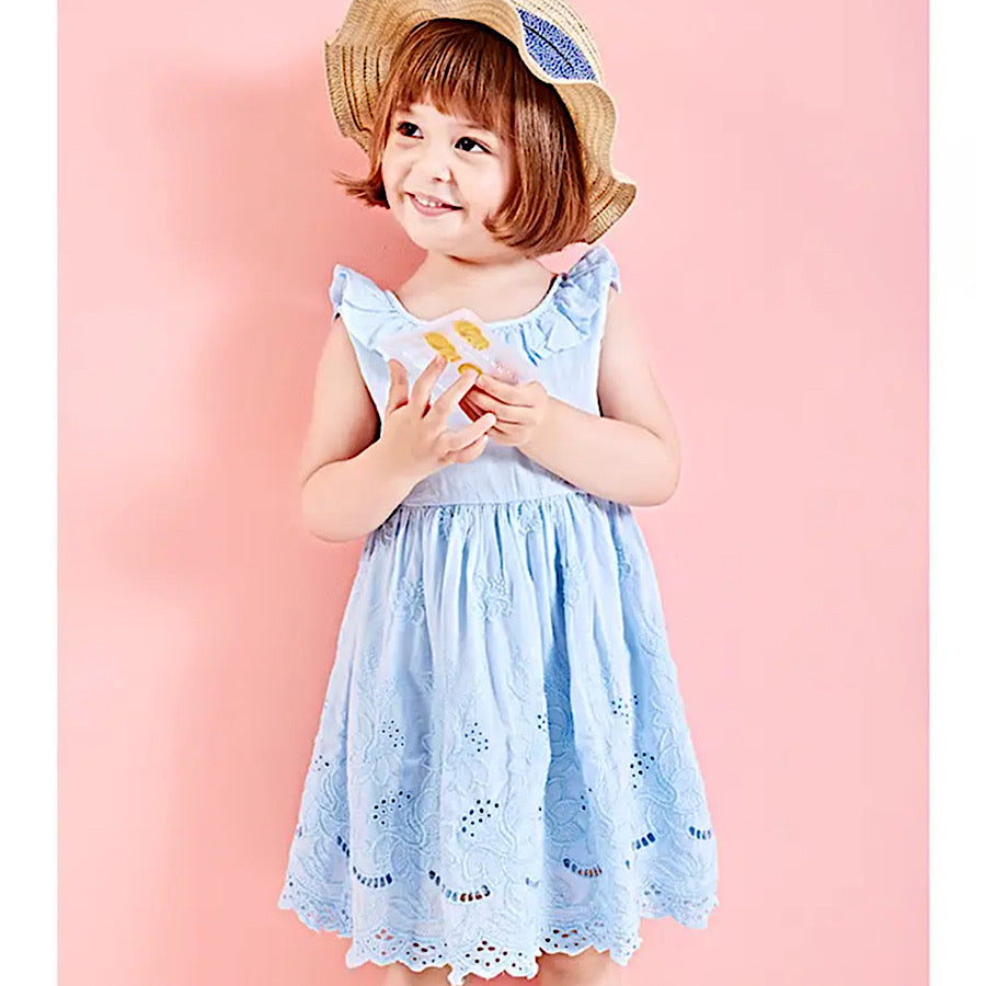Toddler Girls Sleeveless Blue Ruffled Eyelet Spring Summer Dress, Color