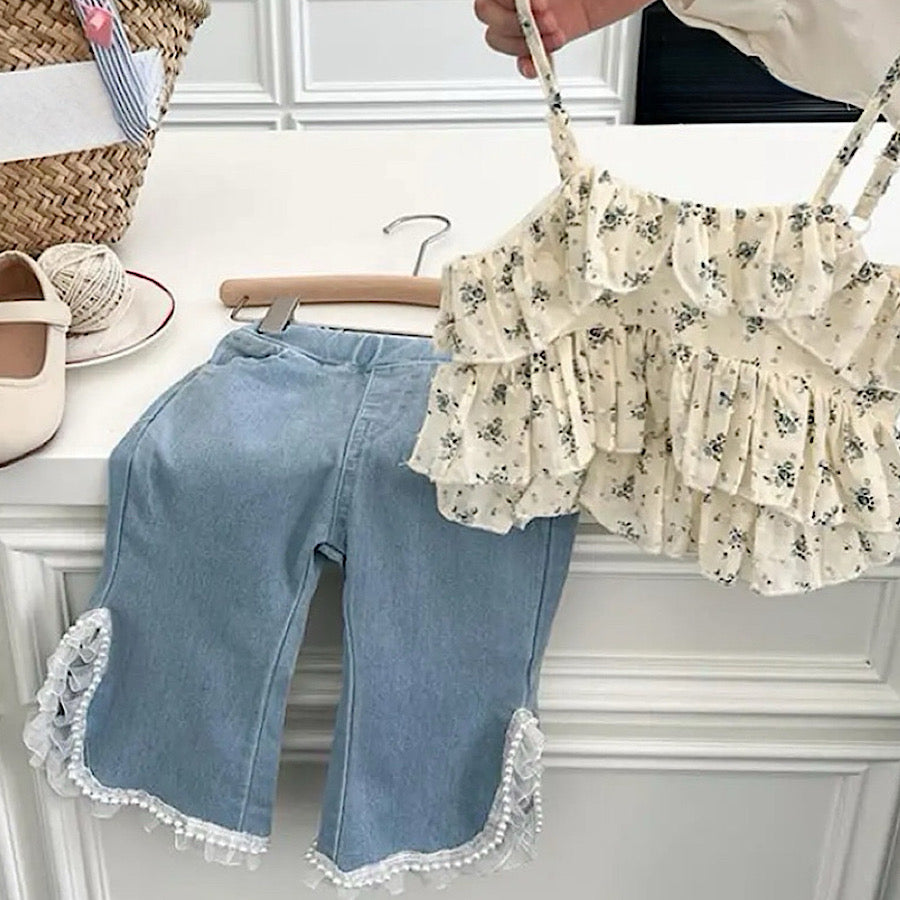 Toddler Girl Sleeveless Top Layered Floral Top and Lace Trim Jeans, Color