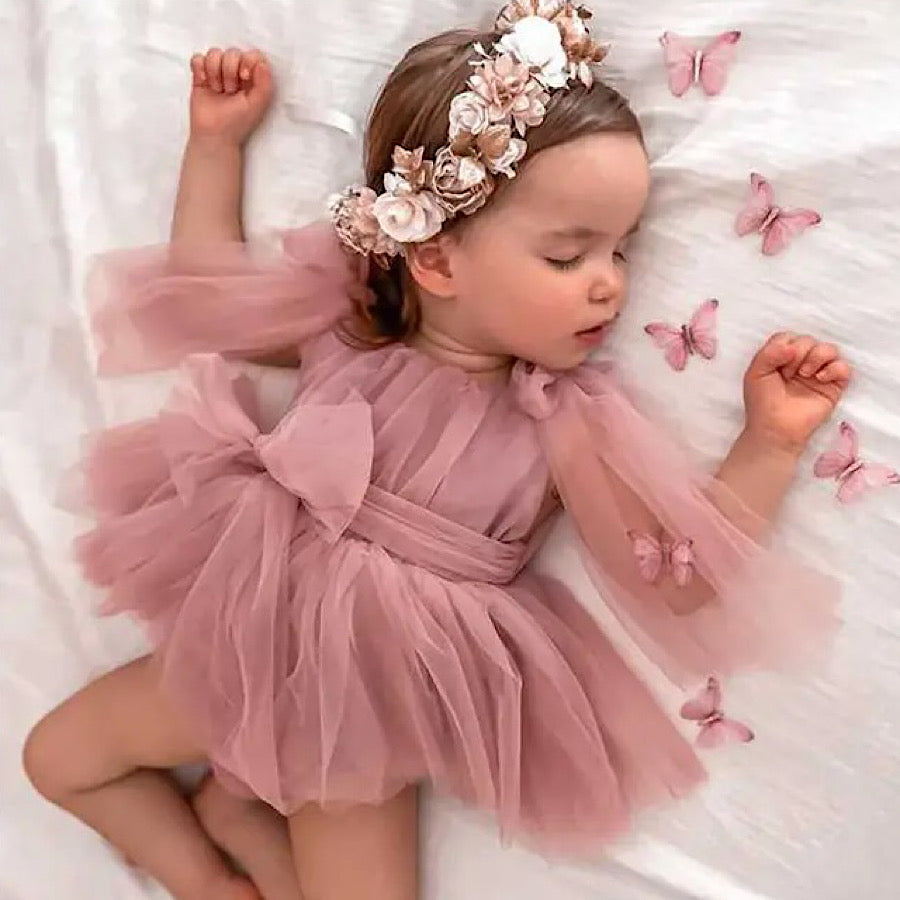 Baby Girls Ruffled Belted Bow Tulle Princess Romper and Headband Set, Model
