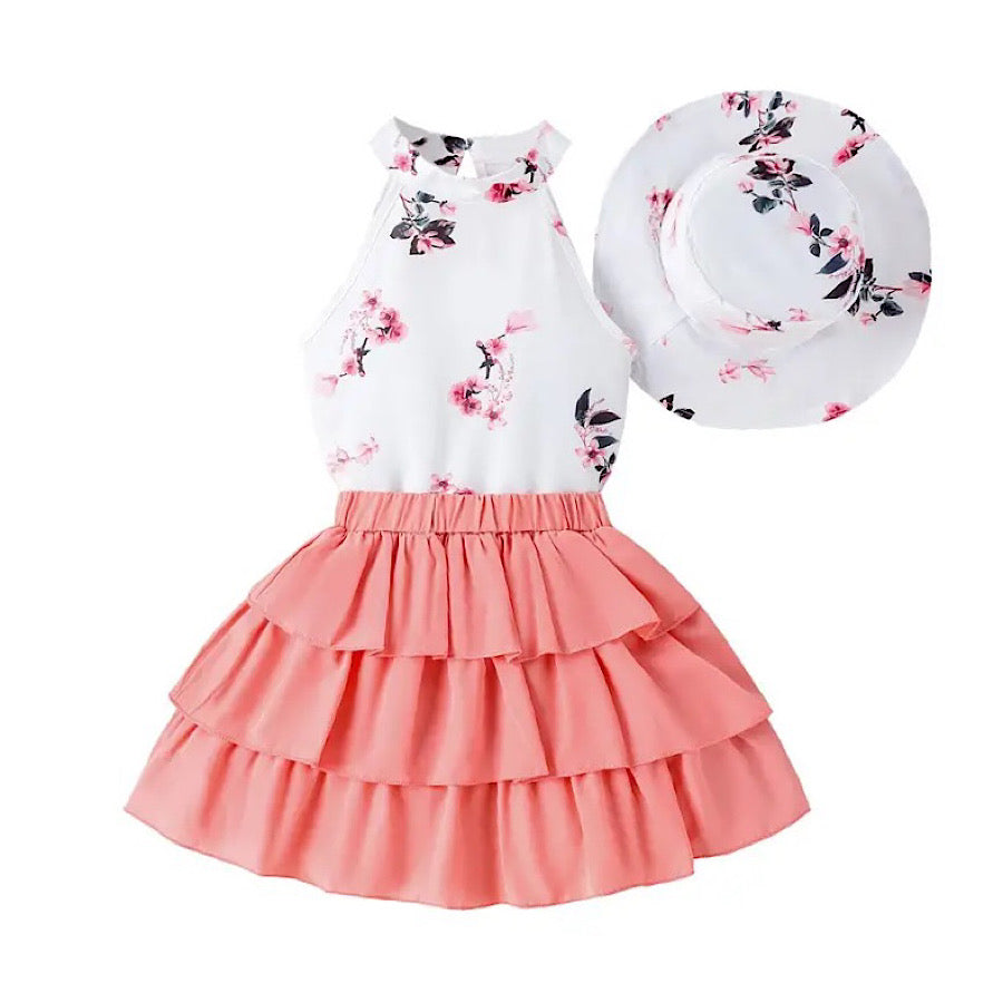 Girls Floral Print Halter Top Pink Ruffled Skirt and Sun Hat 3PC Set, Front
