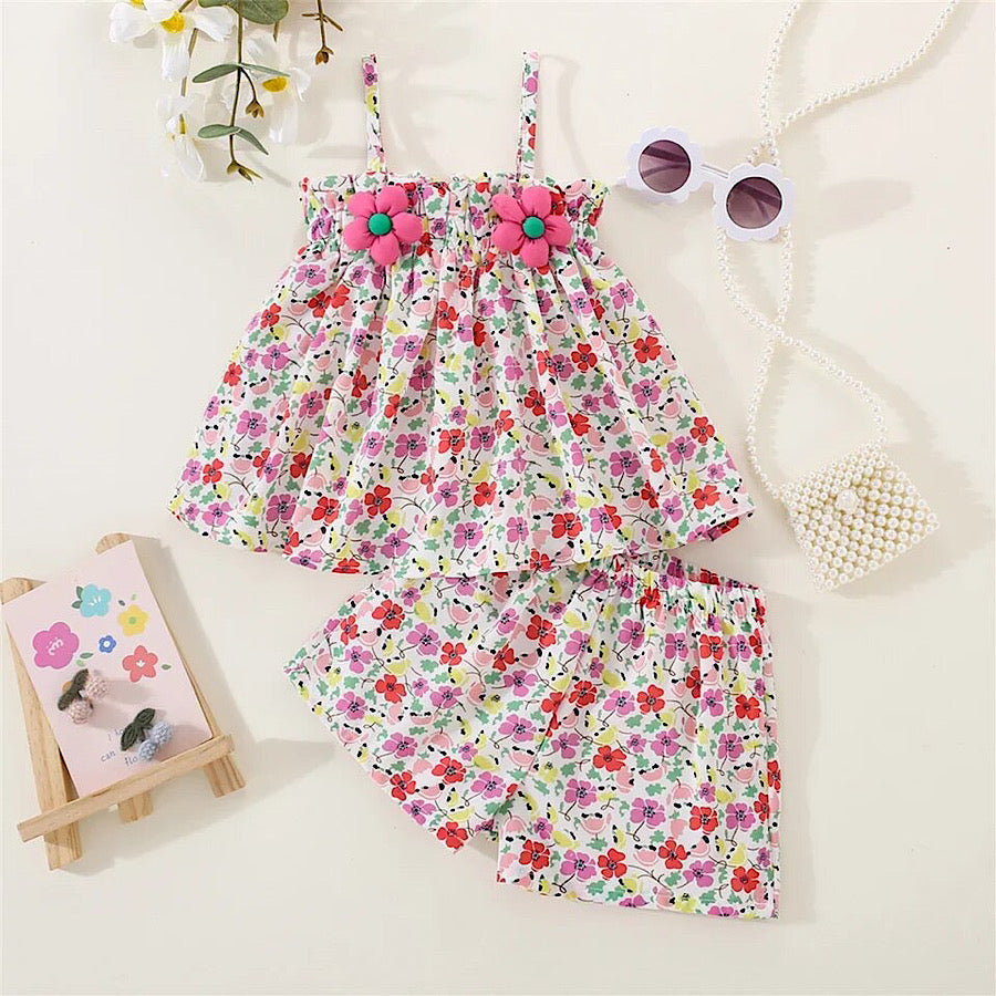 Girls 2PC Summer Clothing Set Floral Print Sleeveless Top and Shorts, Color Pink