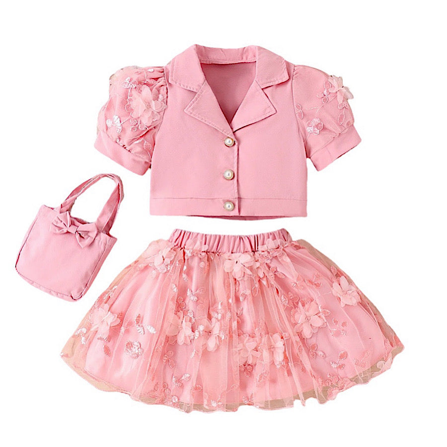Girls Pink Puff Sleeve Butterfly Applique Blazer and Tutu Skirt Set, Front