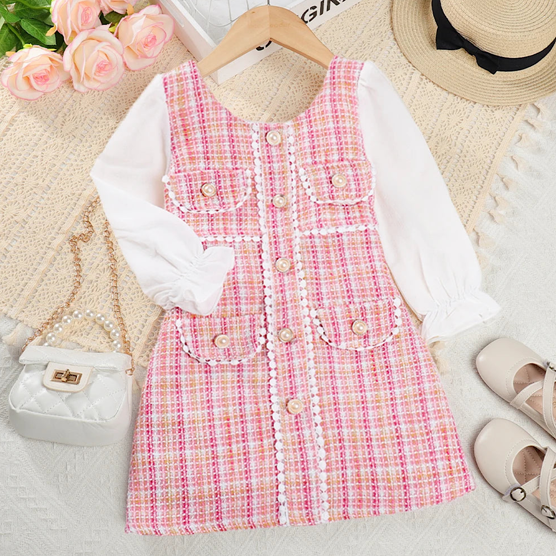 Toddler Girls Pink Plaid Dress Puff Long Sleeve Pearl Spring Dress, Color