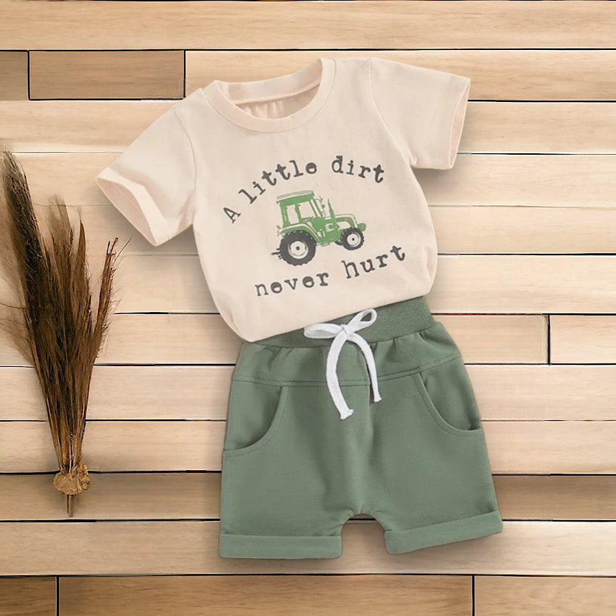 Boys 2PC Clothes Set Short Sleeve Tractor Print Tee and Cotton Shorts, Color