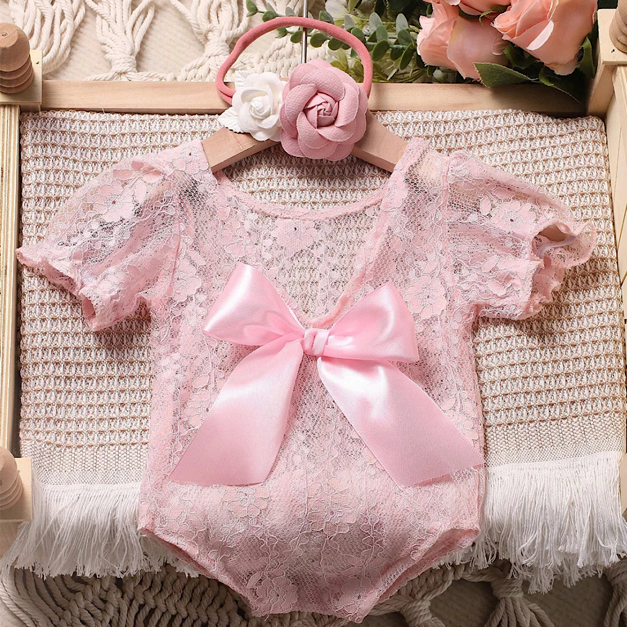 Newborn Baby Girls Pink Photoshoot Outfit Big Bow Lace Romper, Color