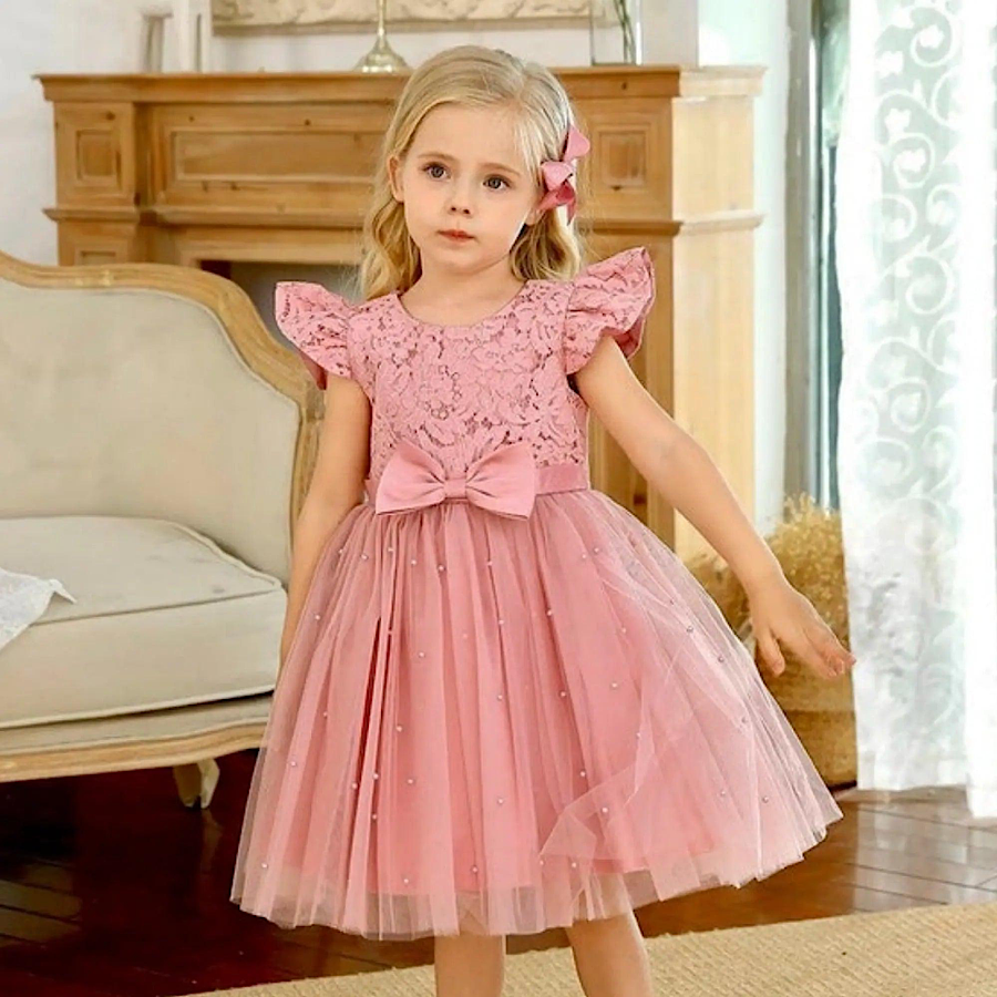 Baby Toddler Girls Pink Lace Embroidery Pearl Beaded Tutu Dress, Color