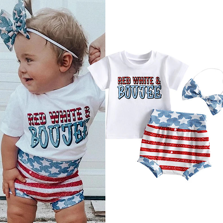 Baby Toddler Girls 4th of July Red White and Boujee 3PC Clothing Set, Main Image