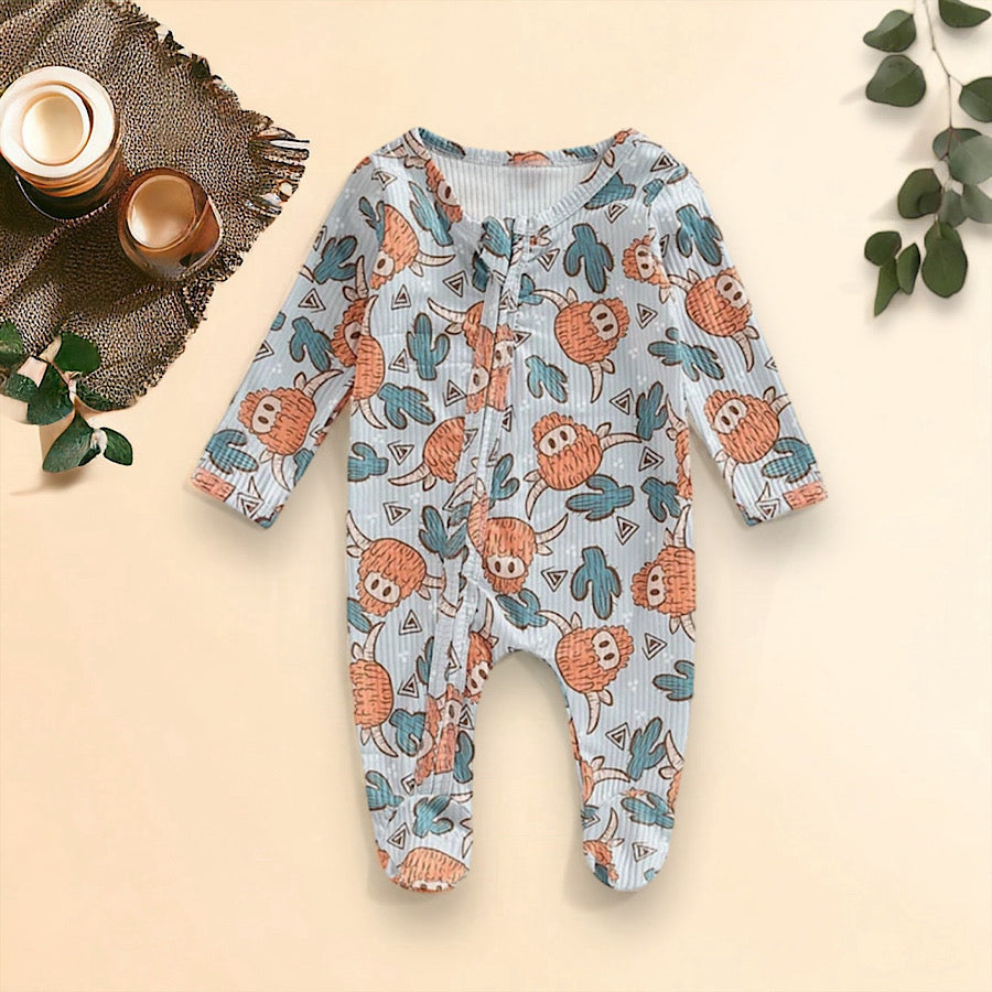 Infant Baby Boys Footie Romper Western Bull Print One Piece Outfit, Side Brown
