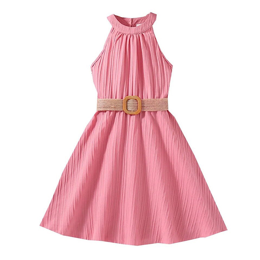 Girls Elegant Pink Chiffon Dress Spring Summer Solid Color Halter Neck, Color