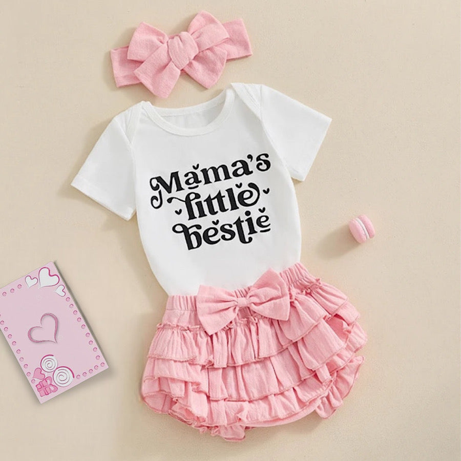 Baby Girl White Mamas Little Bestie Onesie Pink Ruffled Shorts and Bow