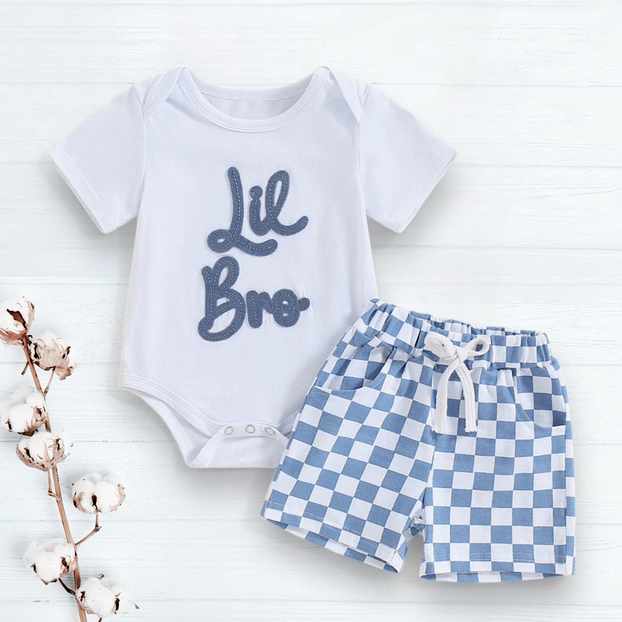 Baby Toddler Blue Little Big Bro Cotton Tee and Checkered Shorts, Main Photo