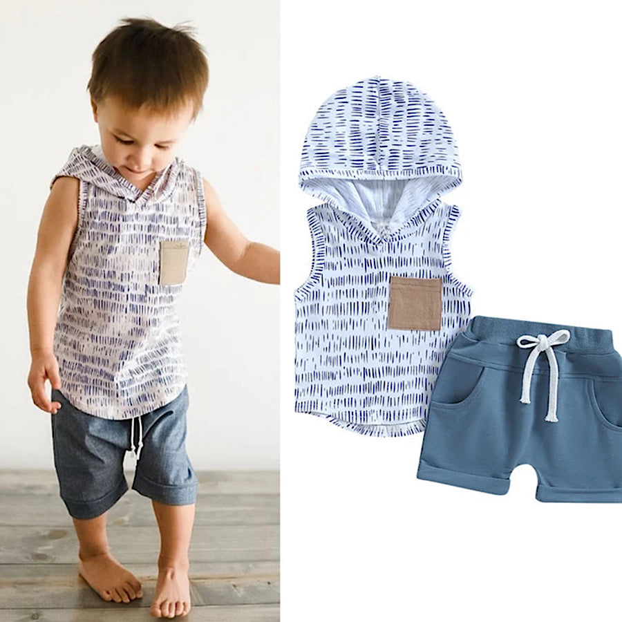 2PC Baby Toddler Boys Sleeveless Hooded Top and Blue Shorts Set, Main Image