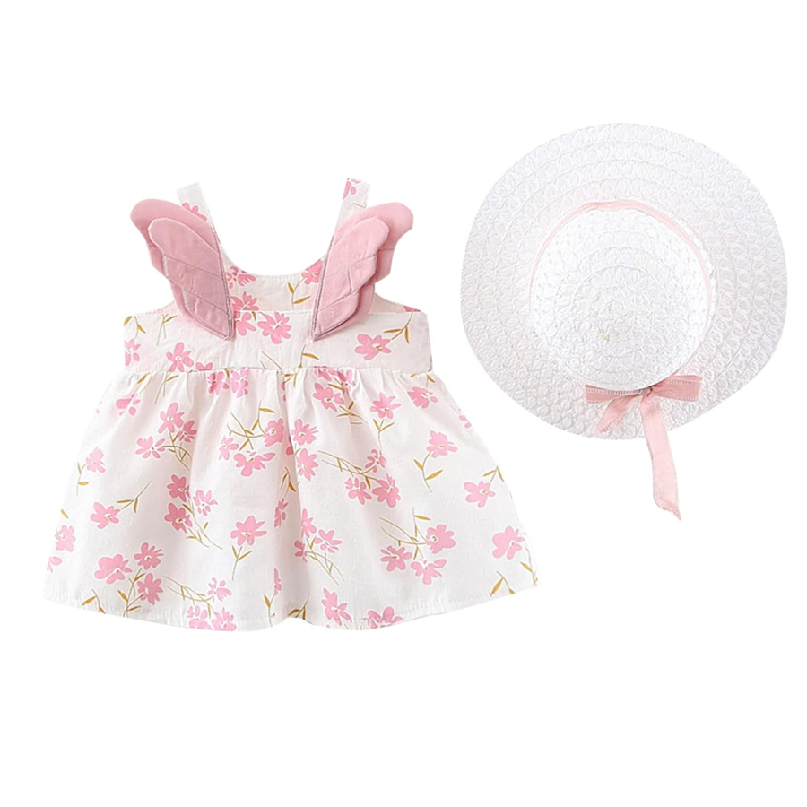 Baby Toddler Girl Cotton Pink Floral Angel Wing Dress and Straw Hat, Color