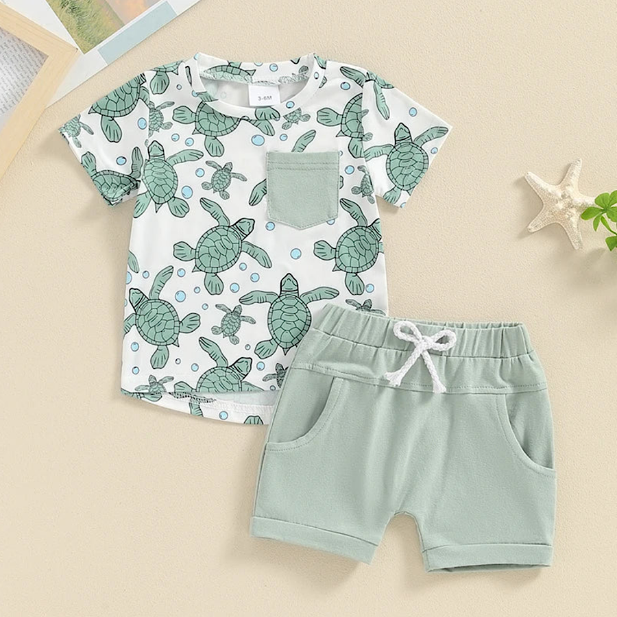 Baby Toddler Boy Light Green Turtle Print Short Sleeve Tee and Shorts, Color