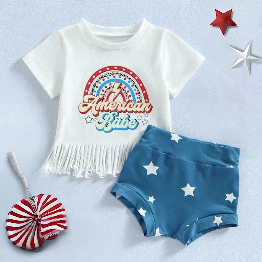 Baby Toddler Girls 2PC 4th of July Retro Tassel Top and Shorts Set, Main Image