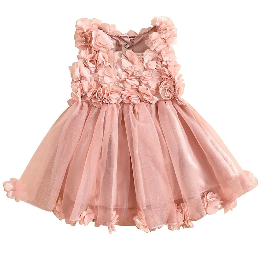 Baby Toddler Girls Pink 3D Rose Tulle Tutu Princess Dress, Front