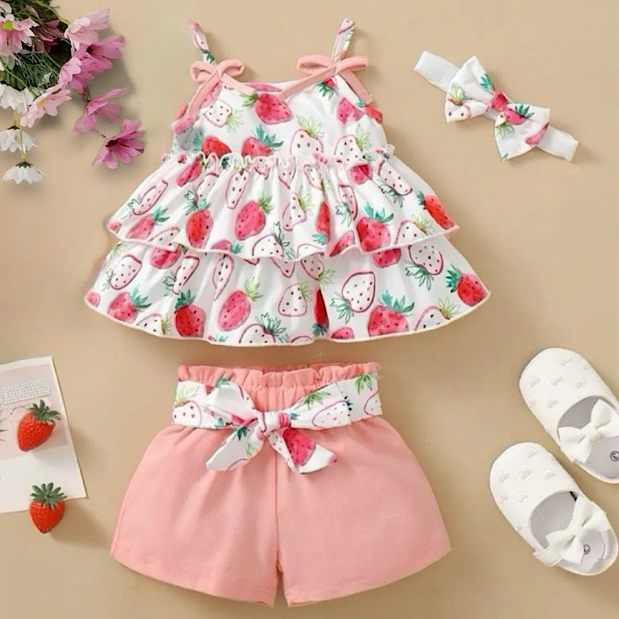 Baby Toddler Girls Strawberry Print Sleeveless Top and Belted Shorts, Front