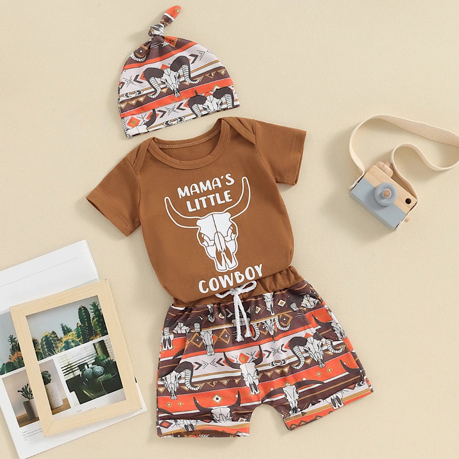Baby Boys Western Clothes Sets Cattle Print Romper Shorts and Hat Set, Color