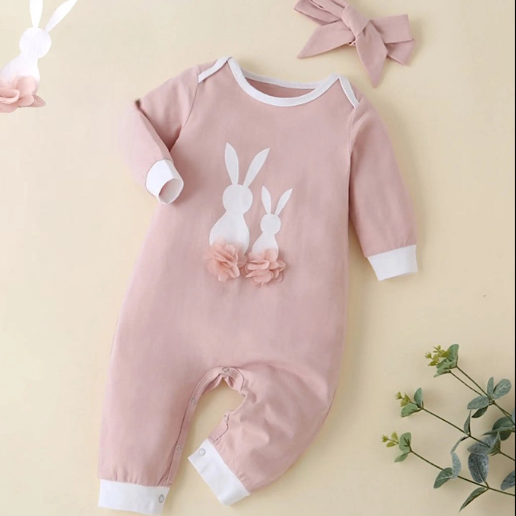 Baby Toddler Girls Pink Bunny Print Romper and Headband, Front
