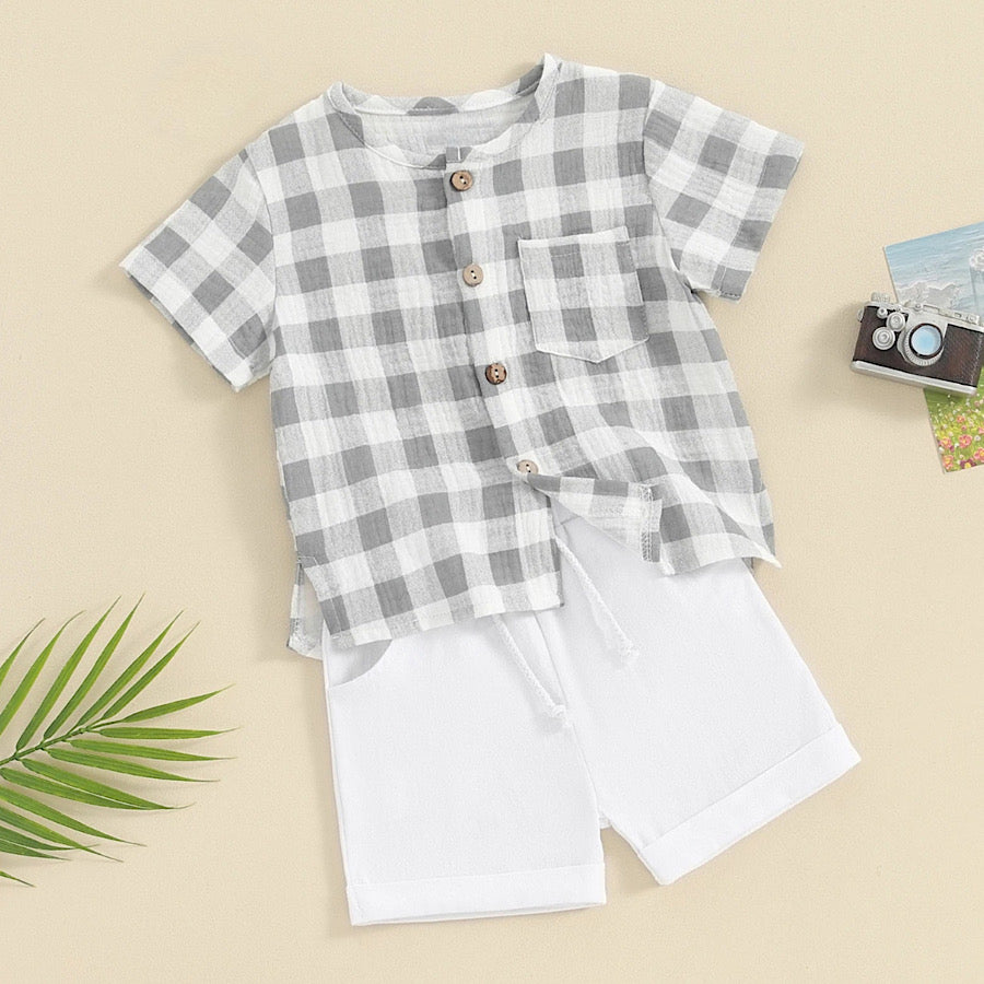 Boys Summer Checker Print Short Sleeve Button Up Shirt and Shorts Set, Main Image