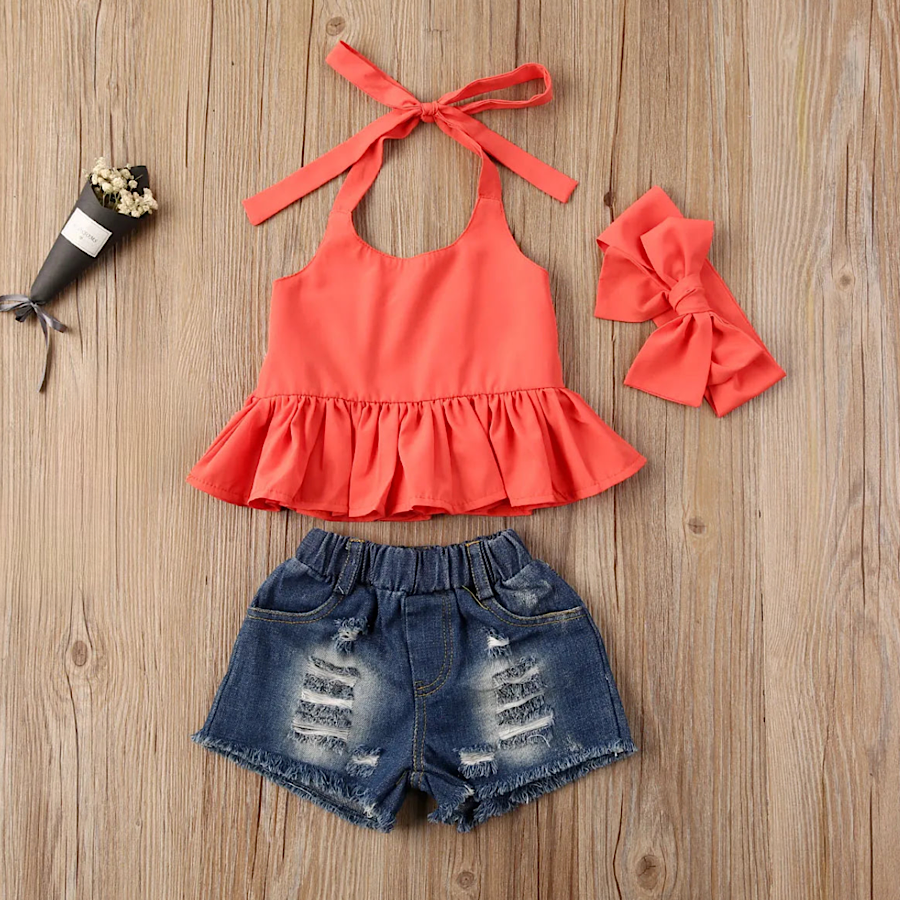Toddler Girls Summer Halter Ruffle Top Distressed Denim Shorts and Bow, Main Image