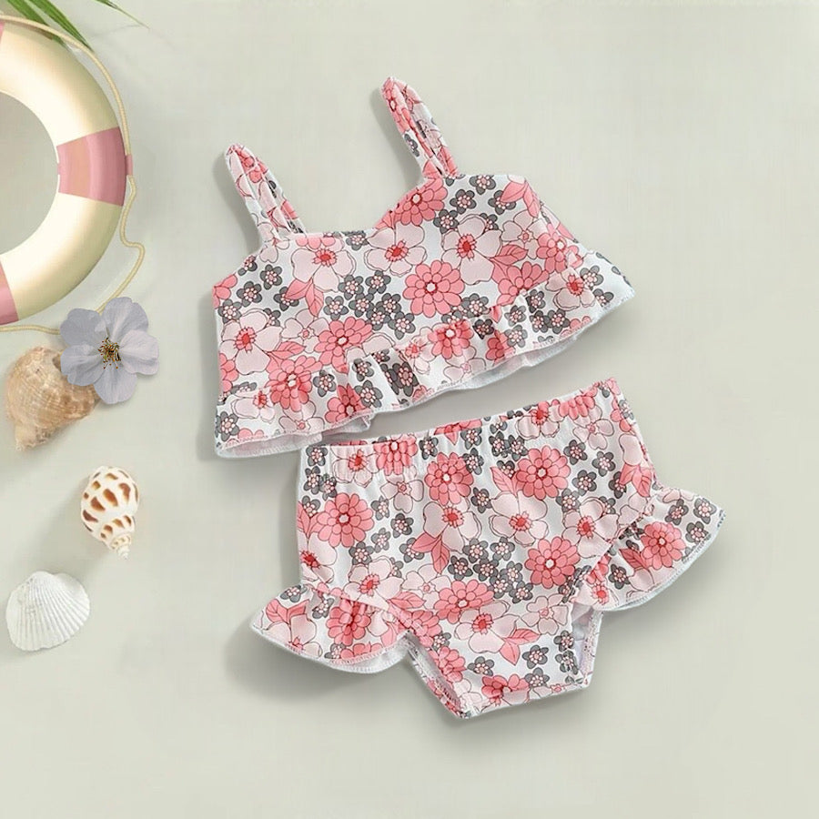 Toddler Baby Girl Bikini Pink Gray Floral Print Ruffle Trim Swimsuit, Side