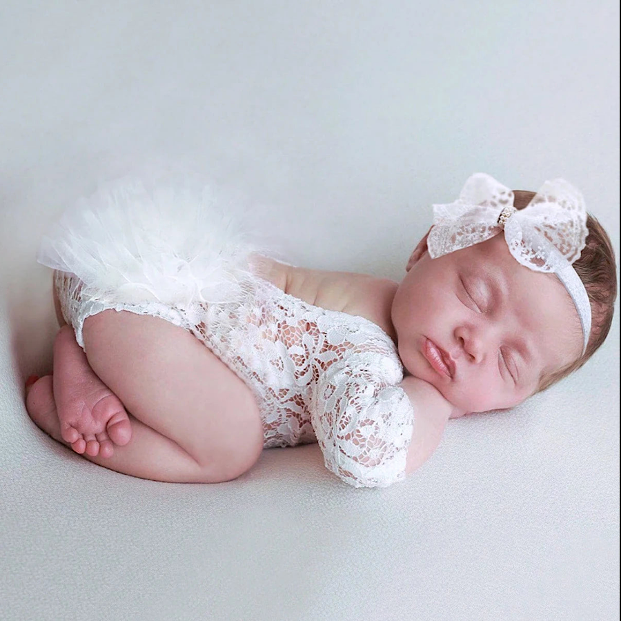 Newborn Baby Girls White Lace Photography Outfit with Headband, Main Image