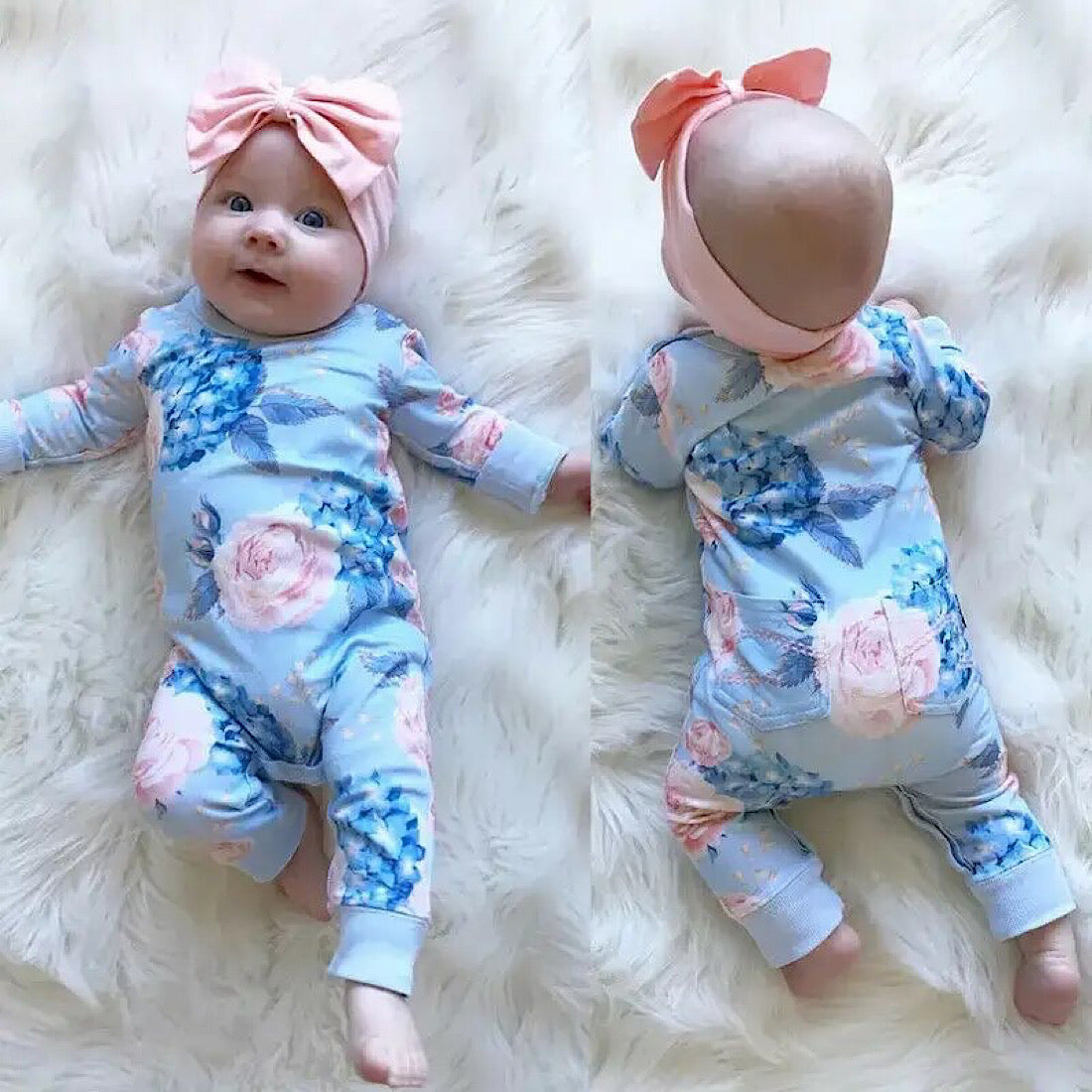 Baby Girls Blue Floral Print Long Sleeve Romper Jumpsuit with Bow, Main Image