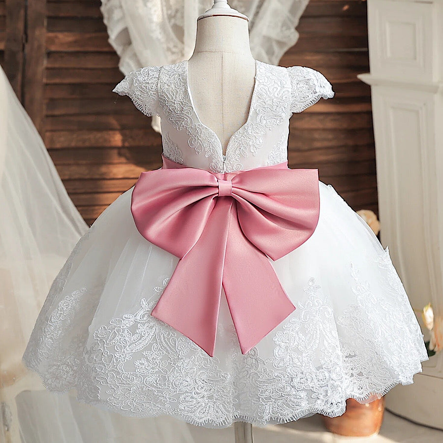 Girls Lace Embroidered Dress White with Pink Satin Bow Dress, Color