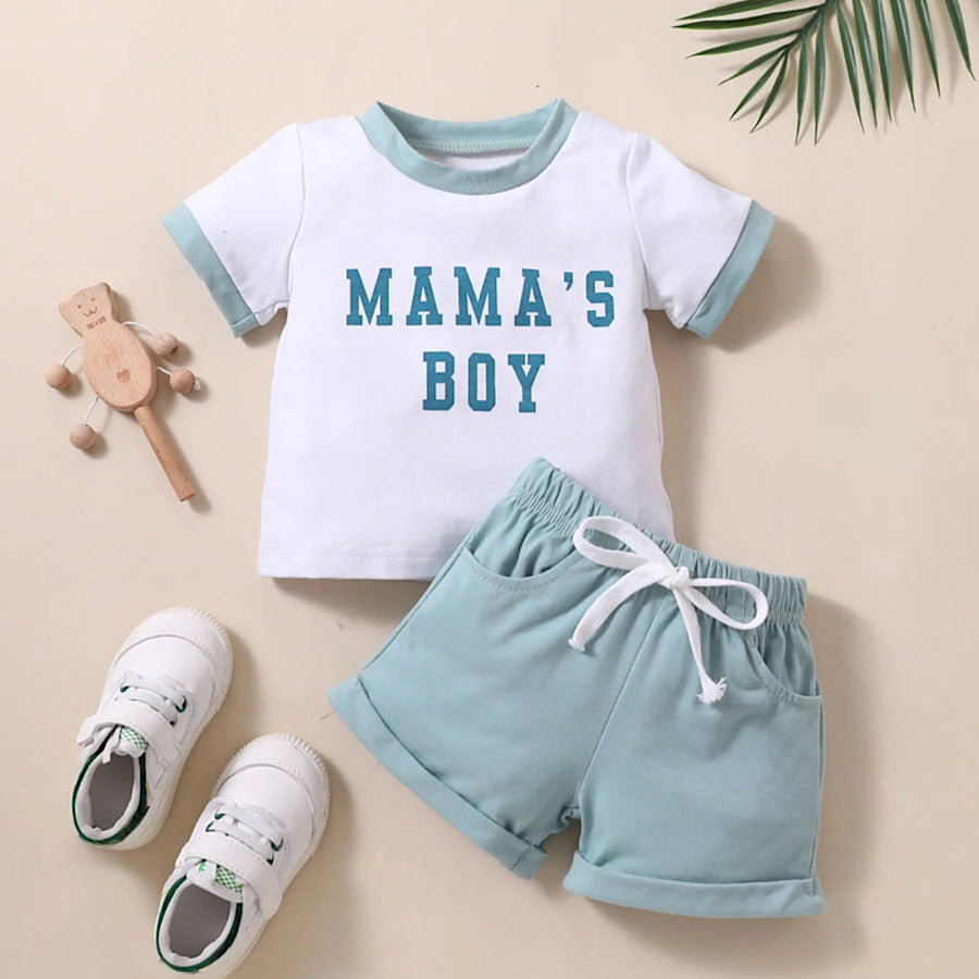 2PC Baby Boys Short Sleeve Blue Mamas Boy Tee and Shorts Set, Front
