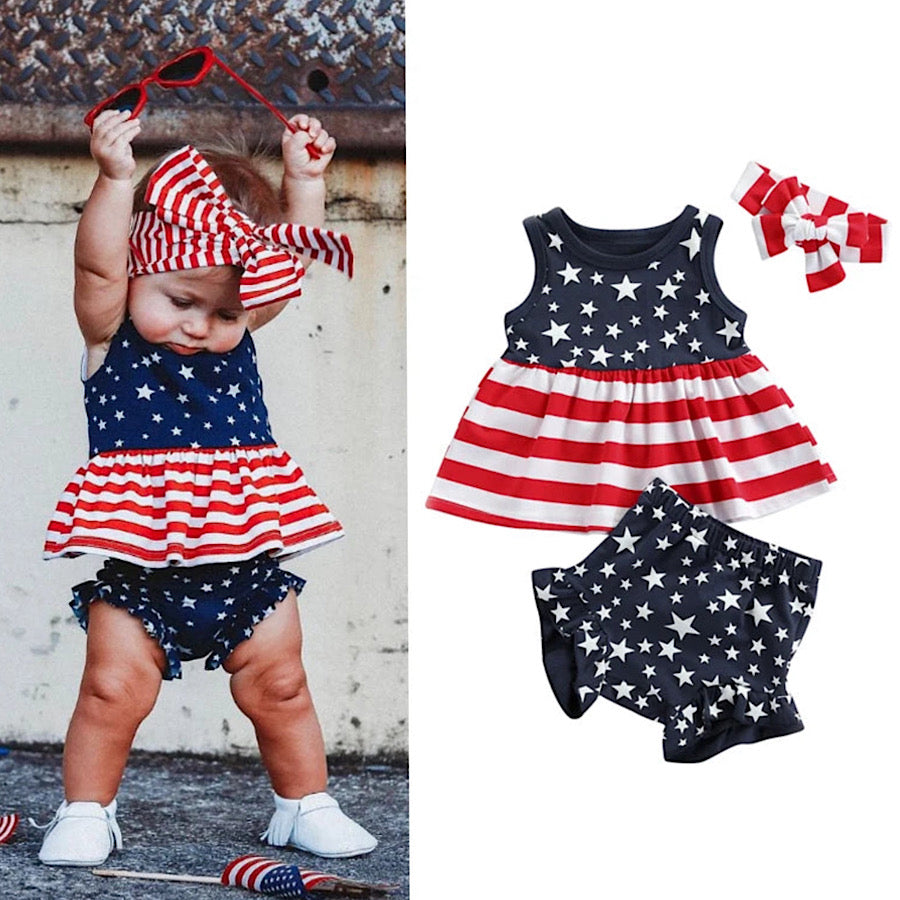 Baby Toddler Girls 4th of July 3PC Stars and Stripes Clothing Set, Main Image