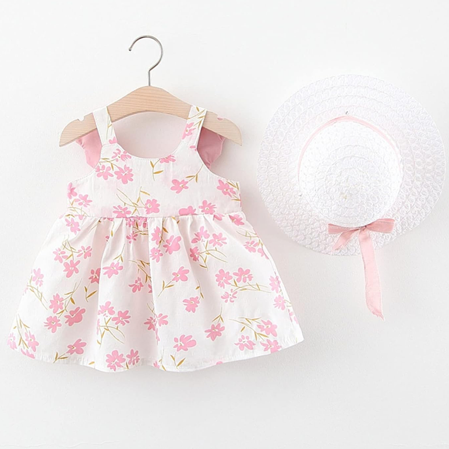 Baby Toddler Girl Cotton Pink Floral Angel Wing Dress and Straw Hat, Color