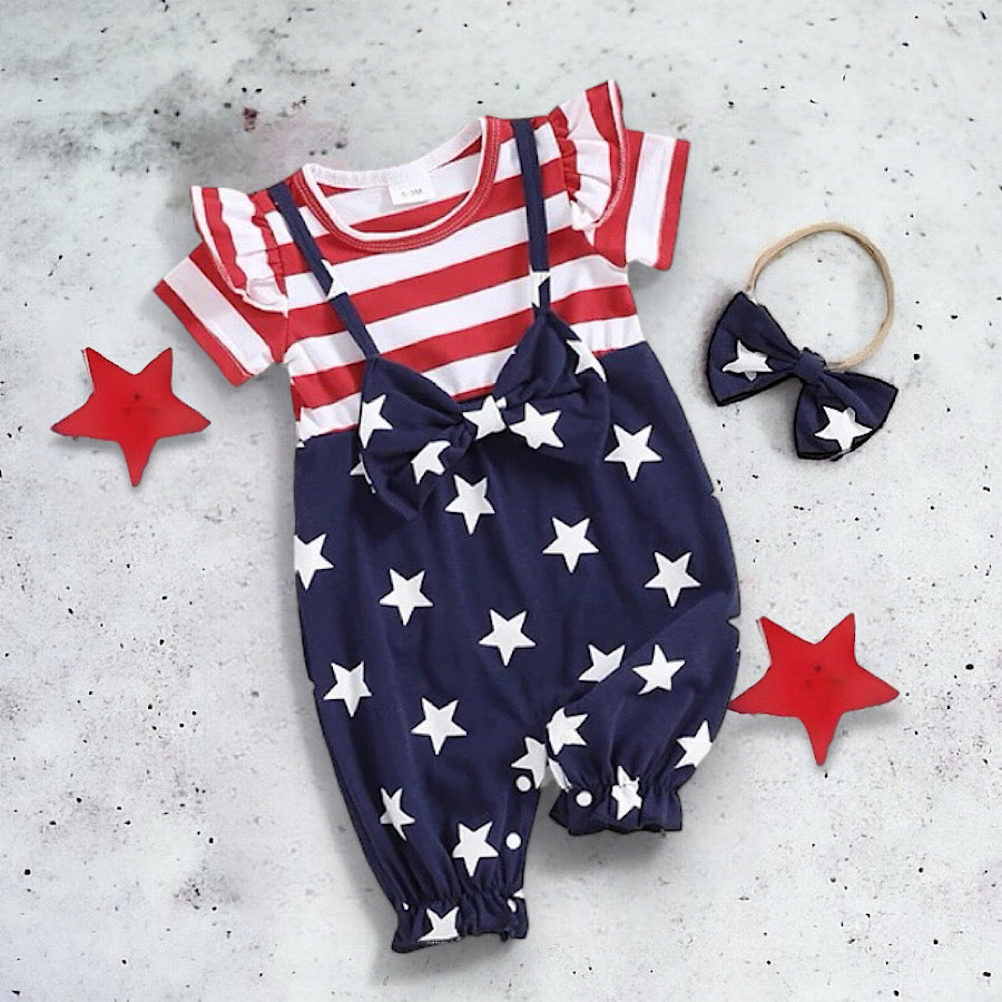 Girls Red White and Blue 4th of July Stars and Stripes Romper and Bow, Front