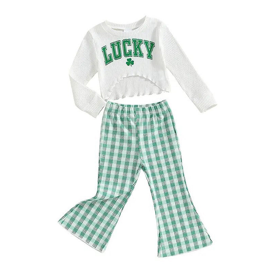 Toddler Girl St. Patricks Day Clothing Set Lucky Top and Flare Pants, Model