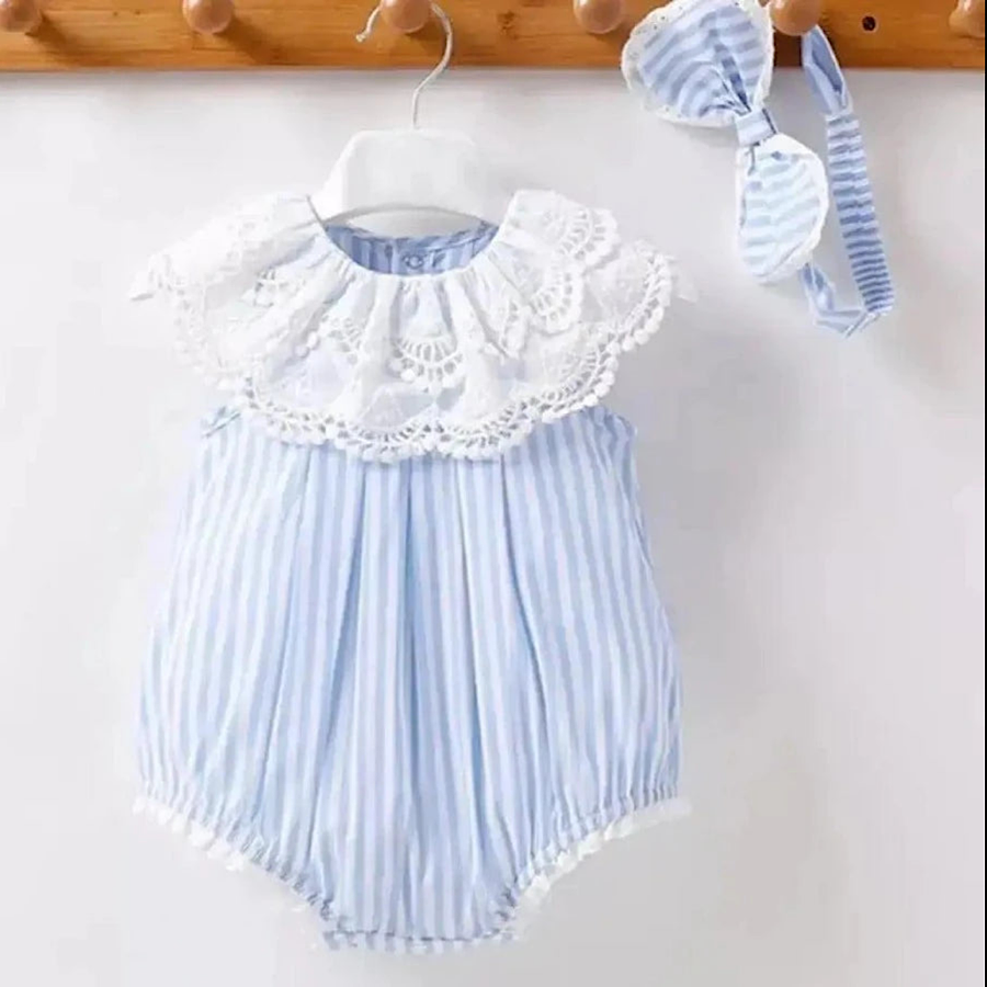 Baby Toddler Girls Romper Blue White Lace Trim Striped Romper, Color