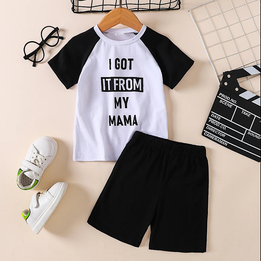 Boys 2PC Black and White Mama Tee Shirt and Cotton Shorts Set, Color