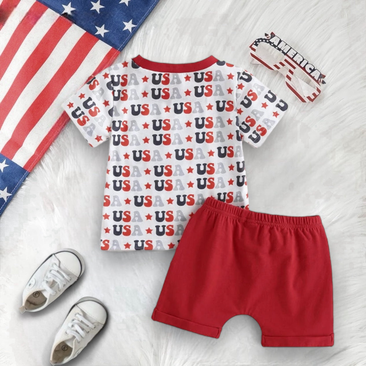Boys 4th of July Red White and Blue USA Short Sleeve Tee and Shorts, Front
