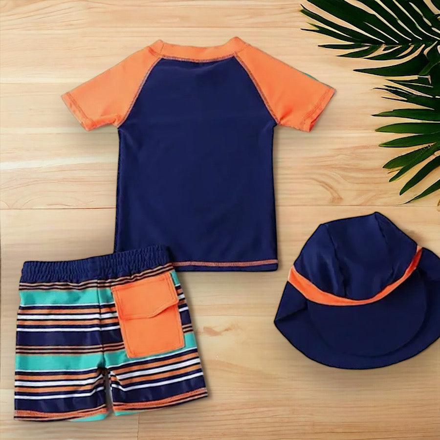 Boys 3PC Swimsuit Short Sleeve Top Striped Shorts and Hat Set, Color