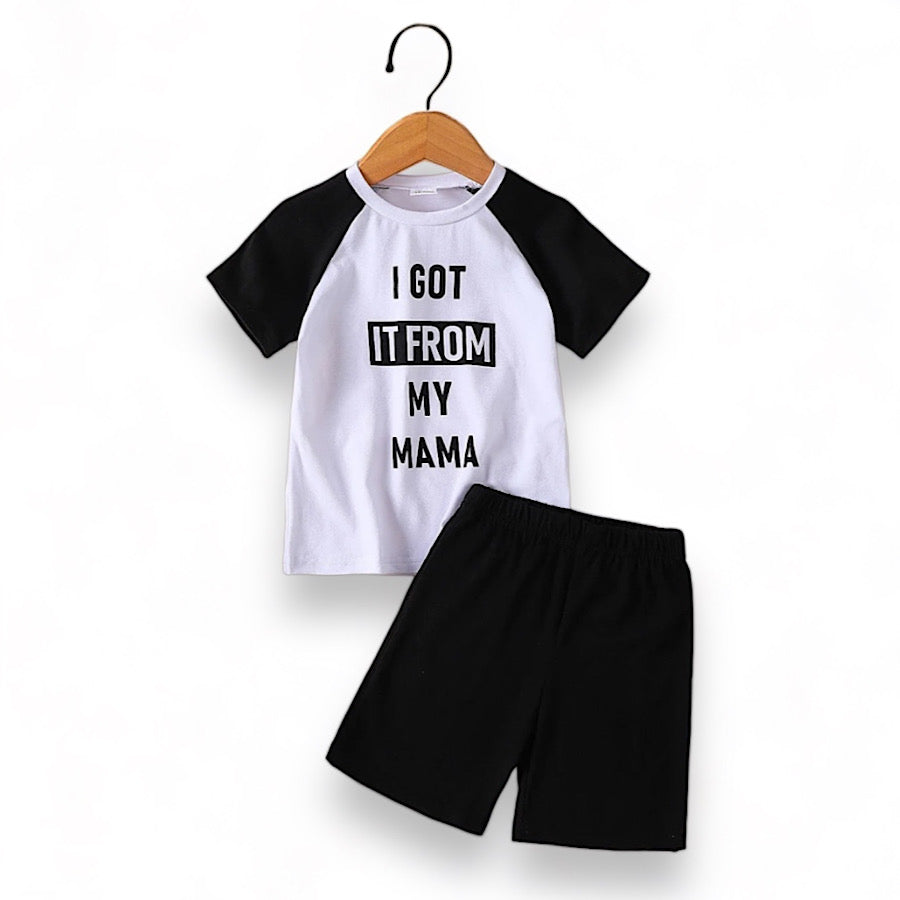 Boys 2PC Black and White Mama Tee Shirt and Cotton Shorts Set, Color