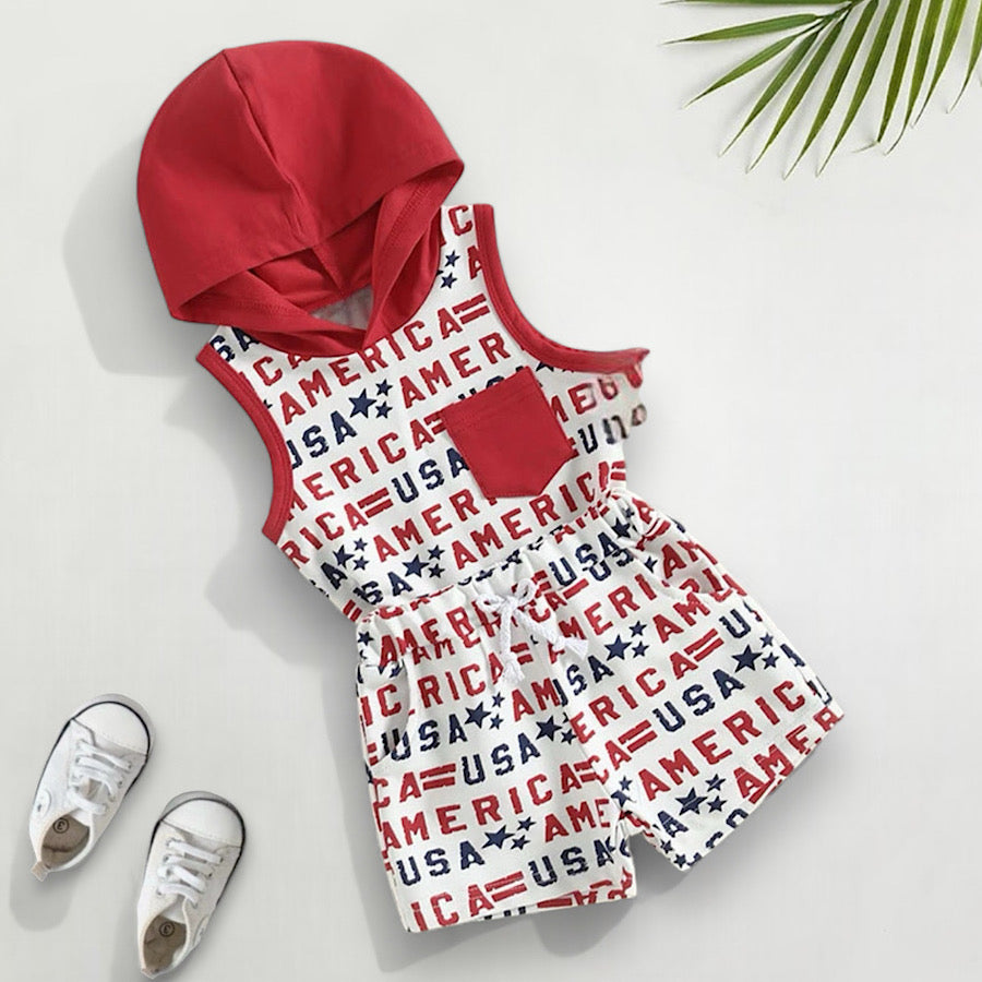 Boys 4th of July Outfit Letter Print Sleeveless Hooded Top and Shorts Set, Front