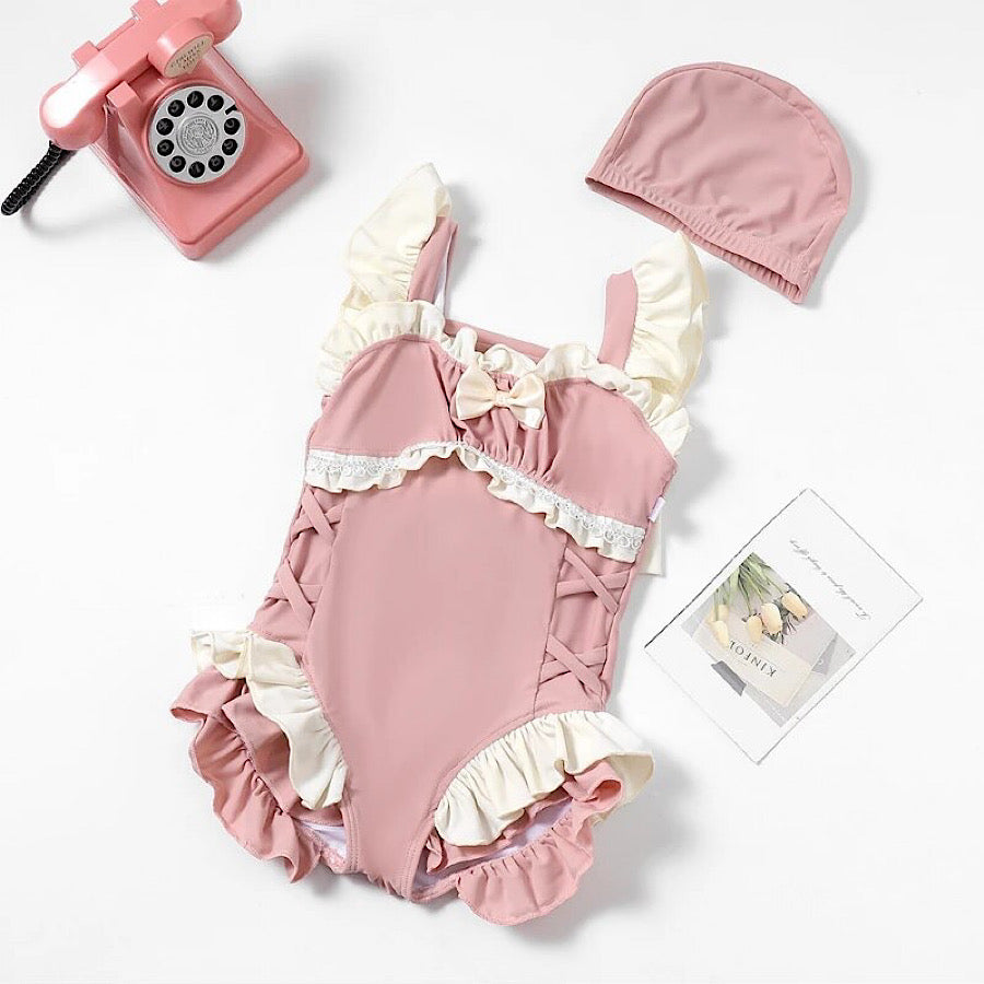 Girls Pink Ruffled Swimsuit Cream Colored Ruffles Bow and Hat Set, Color