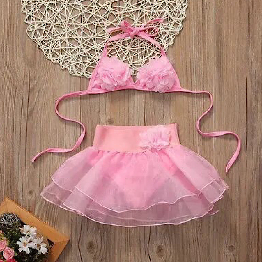 Baby Toddler Girl Ruffled Halter Top Pink Bikini Tutu Swimsuit 2PC Set, Main Image