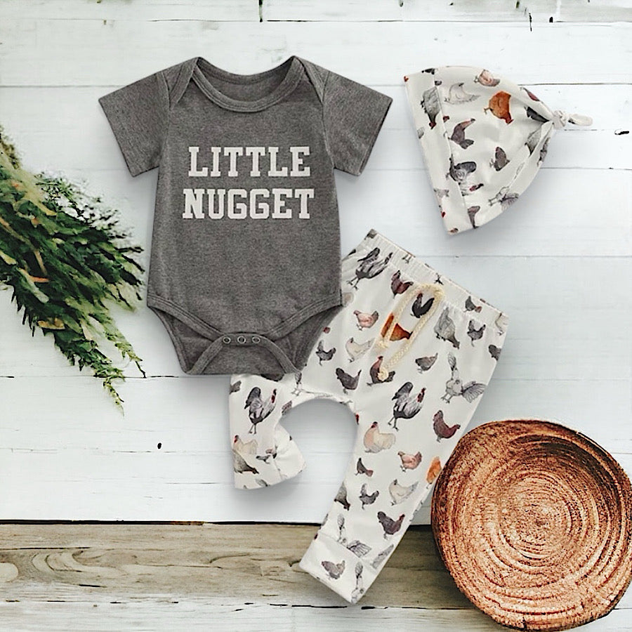Baby Boy Casual 3PC Little Nugget Clothing Set Chicken Print Pants, Main Image