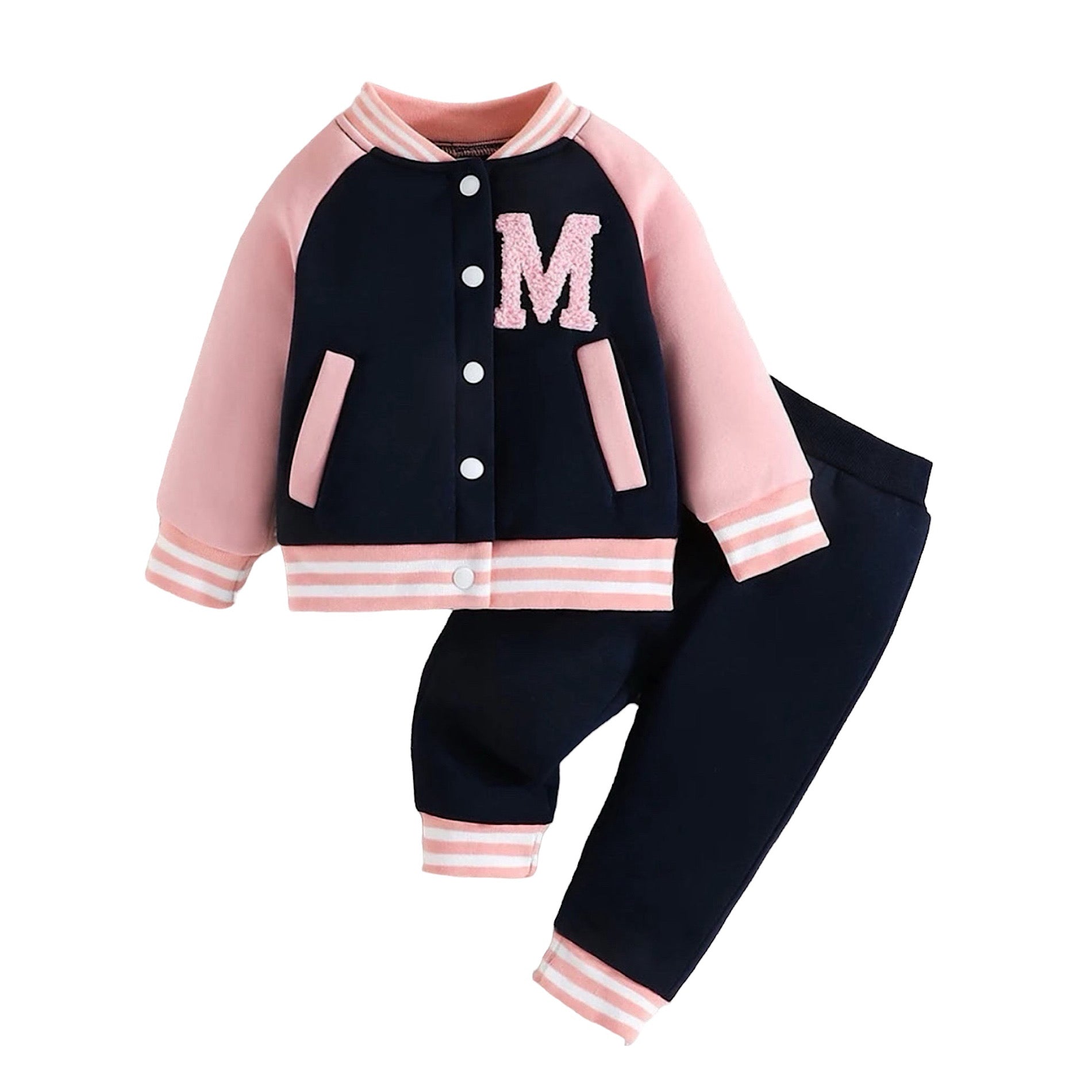 Baby Toddler Girls Pink with Navy-Blue Letter Jacket and Pant Set, Color
