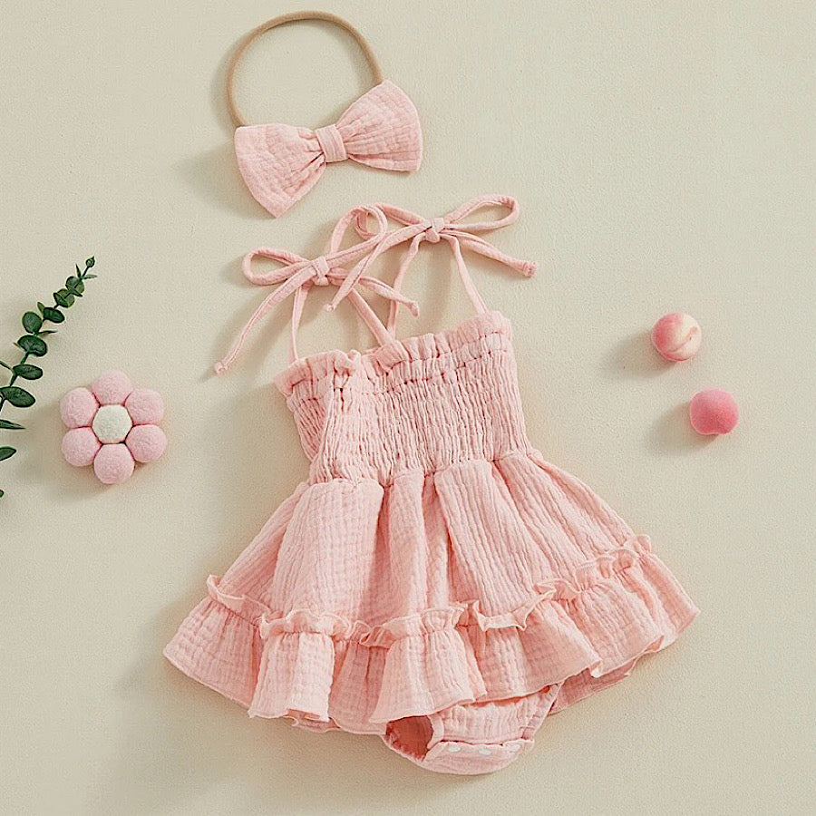 Baby Toddler Girls Sleeveless Summer Pink or White Linen Romper Dress, Main Photo