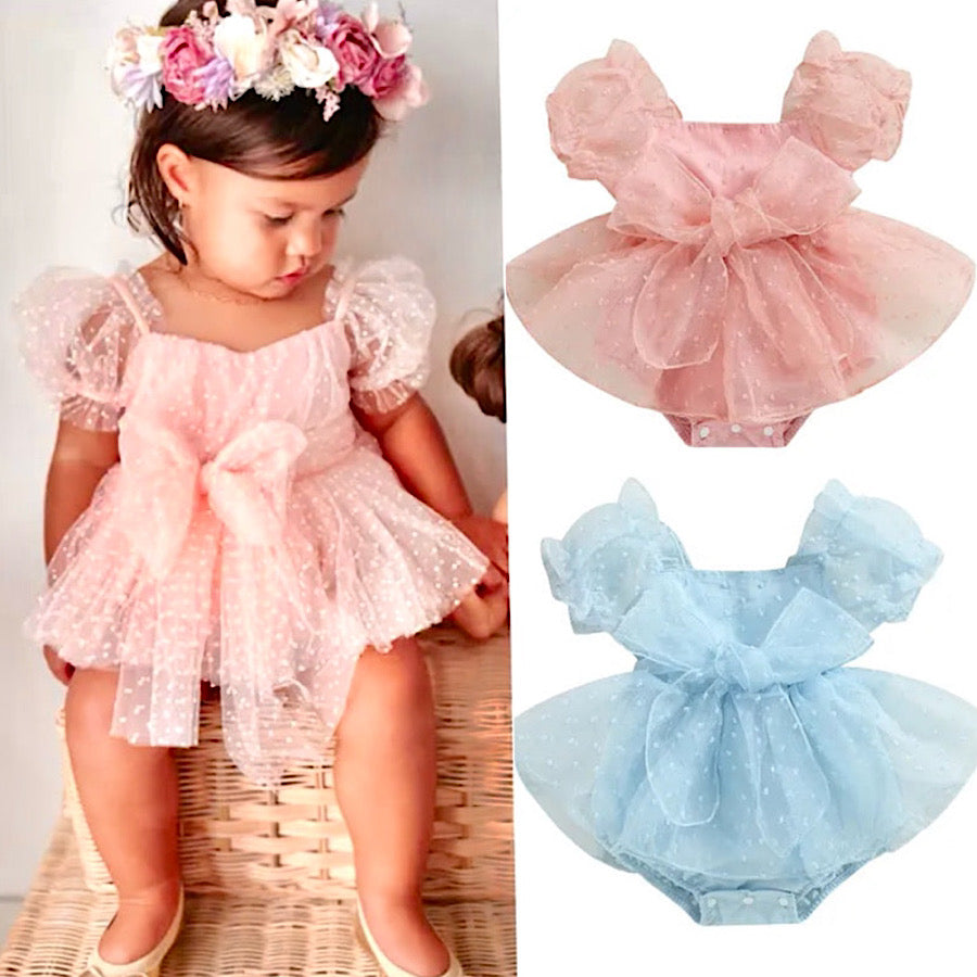 Baby Girls Romper Dress Short Puff Sleeve Dot Print Bow Princess Outfit, Main Image